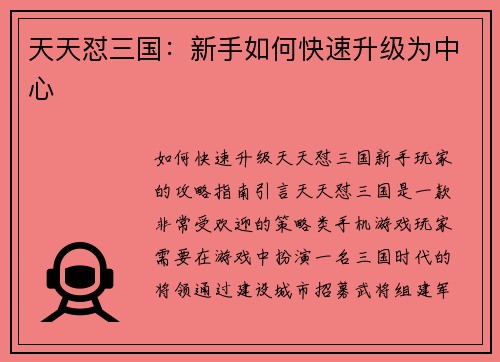 天天怼三国：新手如何快速升级为中心